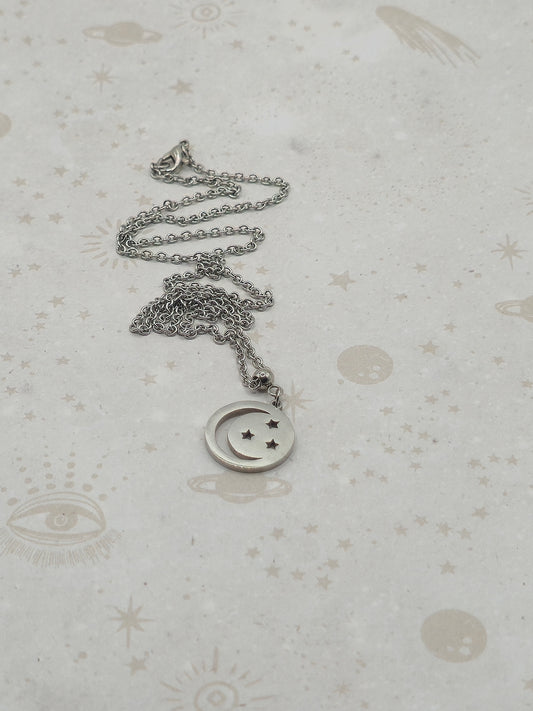 304 Stainless Steel Pendant Necklace, Flat Round with Moon and Stars, Stainless Steel Color, 18x16x1.5mm, Hole: 1.2mm