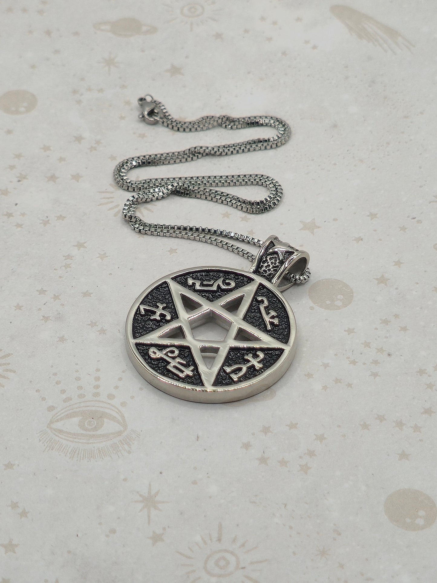 316 Stainless Steel Pentacle Pendant Necklace, Flat Round, Antique Silver