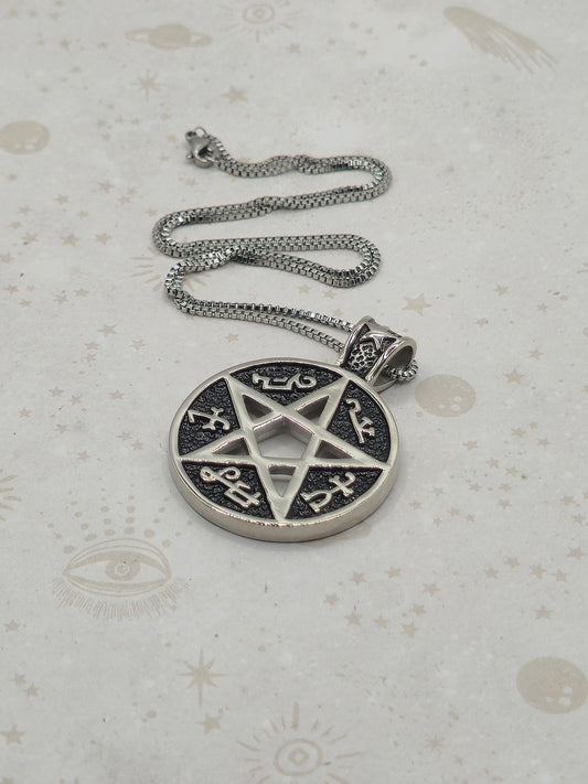 316 Stainless Steel Pentacle Pendant Necklace, Flat Round, Antique Silver