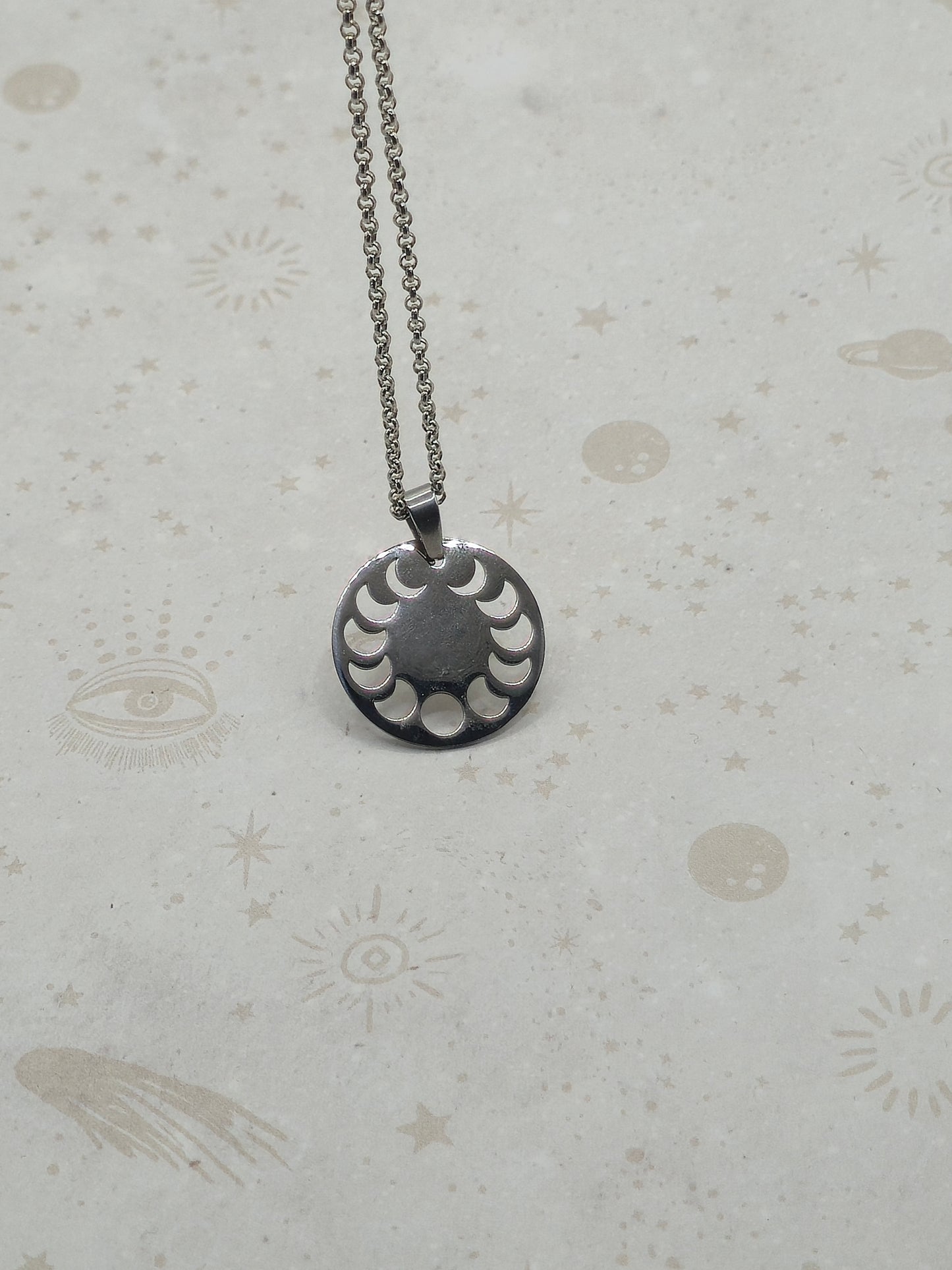 201 Stainless Steel Laser Cut, Phase of the Moon Pendant Necklace