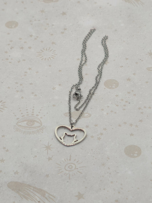 201 Stainless Steel Kitten Pendant Necklaces, with Cable Chains, Hollow Heart with Cat Head, Stainless Steel Colour