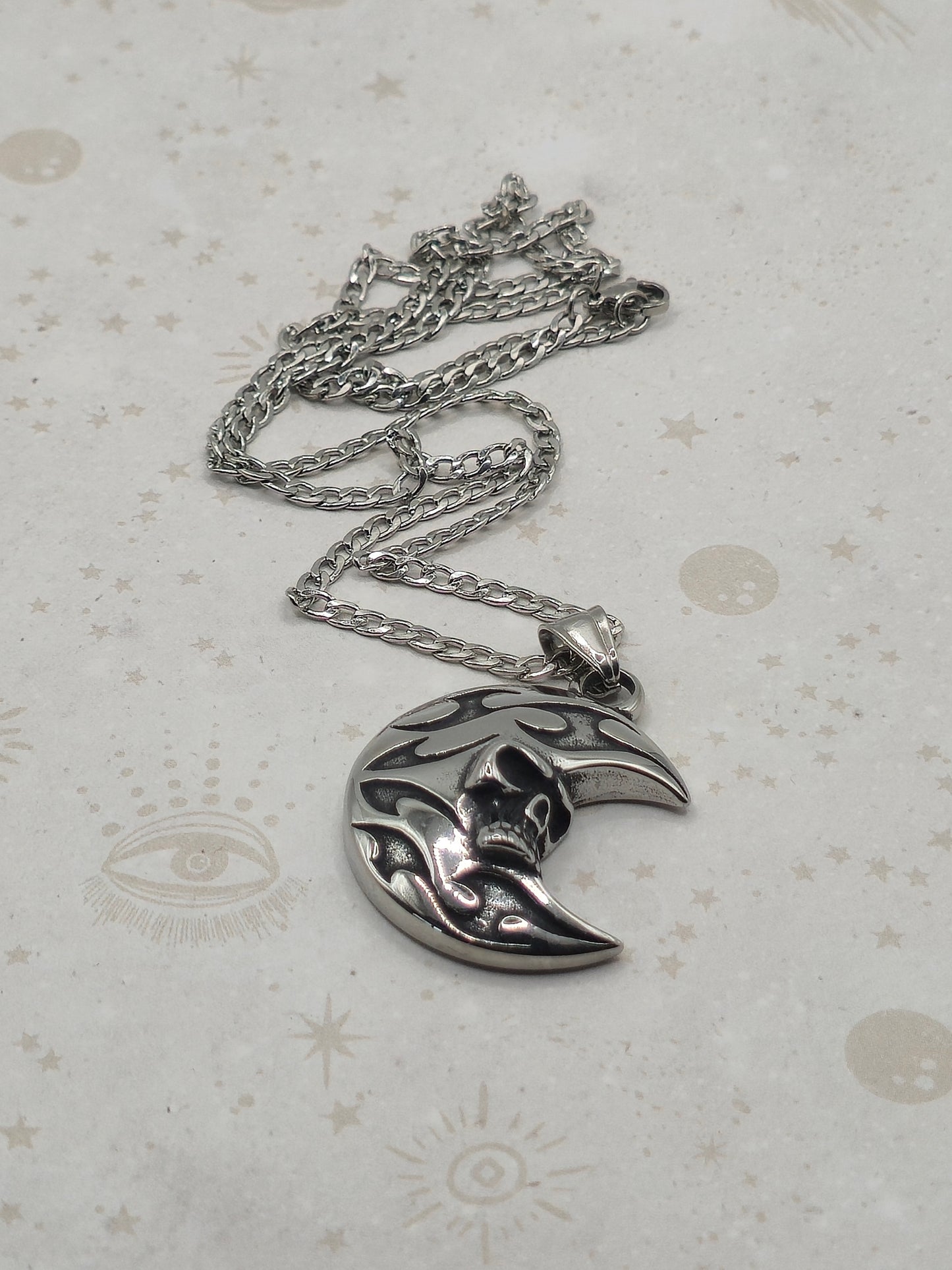 304 Stainless Steel Pendant Necklace, Moon with Skull, Antique Silver Colour