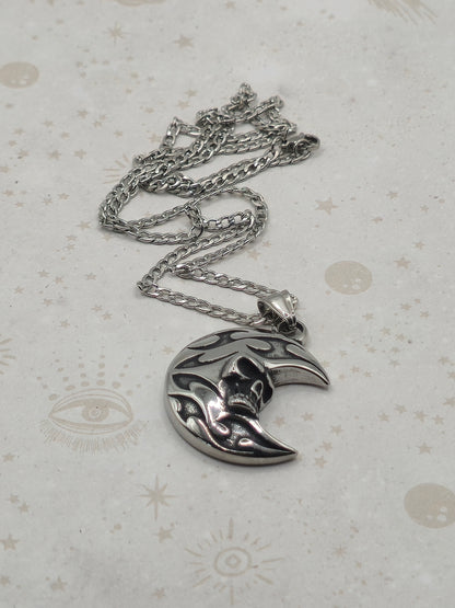 304 Stainless Steel Pendant Necklace, Moon with Skull, Antique Silver Colour
