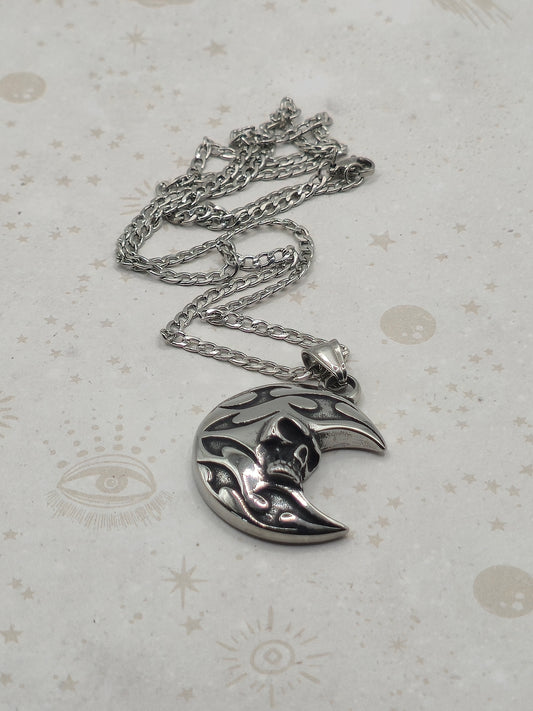 304 Stainless Steel Pendant Necklace, Moon with Skull, Antique Silver Colour