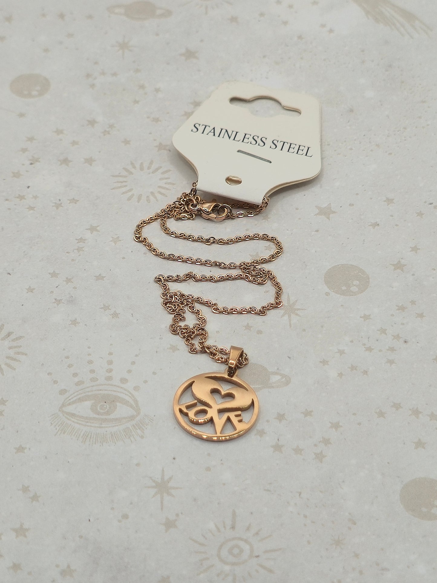 304 Stainless Steel Pendant Necklace, with Cable Chain, Flat Round with Heart and Word Love, Rose Gold