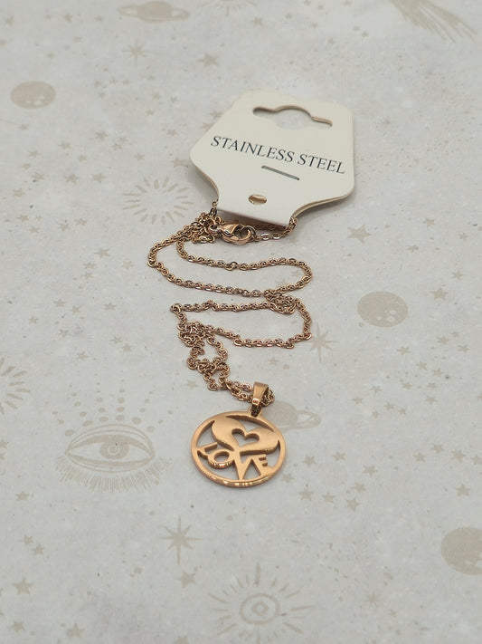 304 Stainless Steel Pendant Necklace, with Cable Chain, Flat Round with Heart and Word Love, Rose Gold