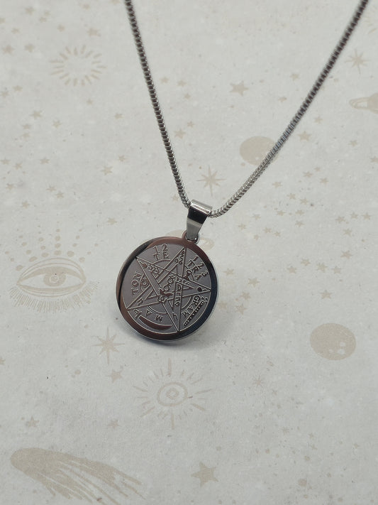304 Stainless Steel Flat Round, Tetragrammaton Pentagram Wiccan Pendant Necklace, Stainless Steel Color