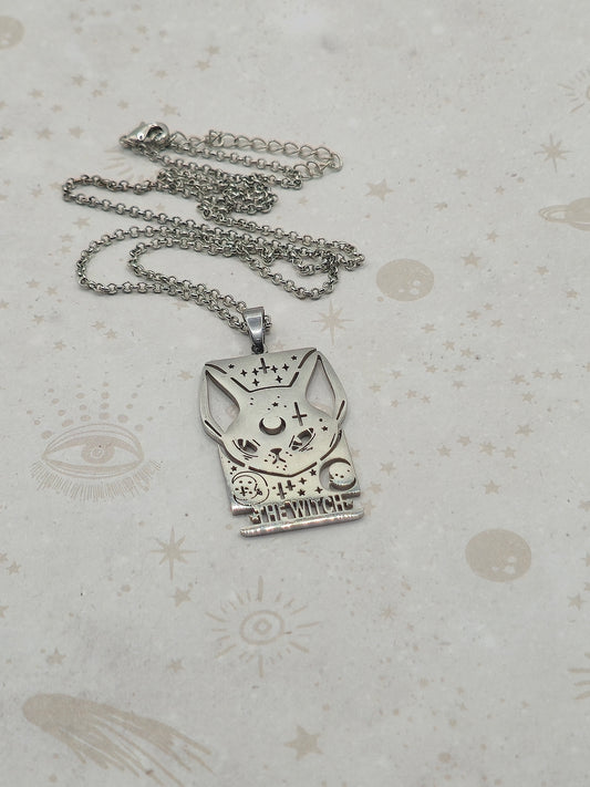 Stainless Steel Witch Moon Cat Pendant Necklace