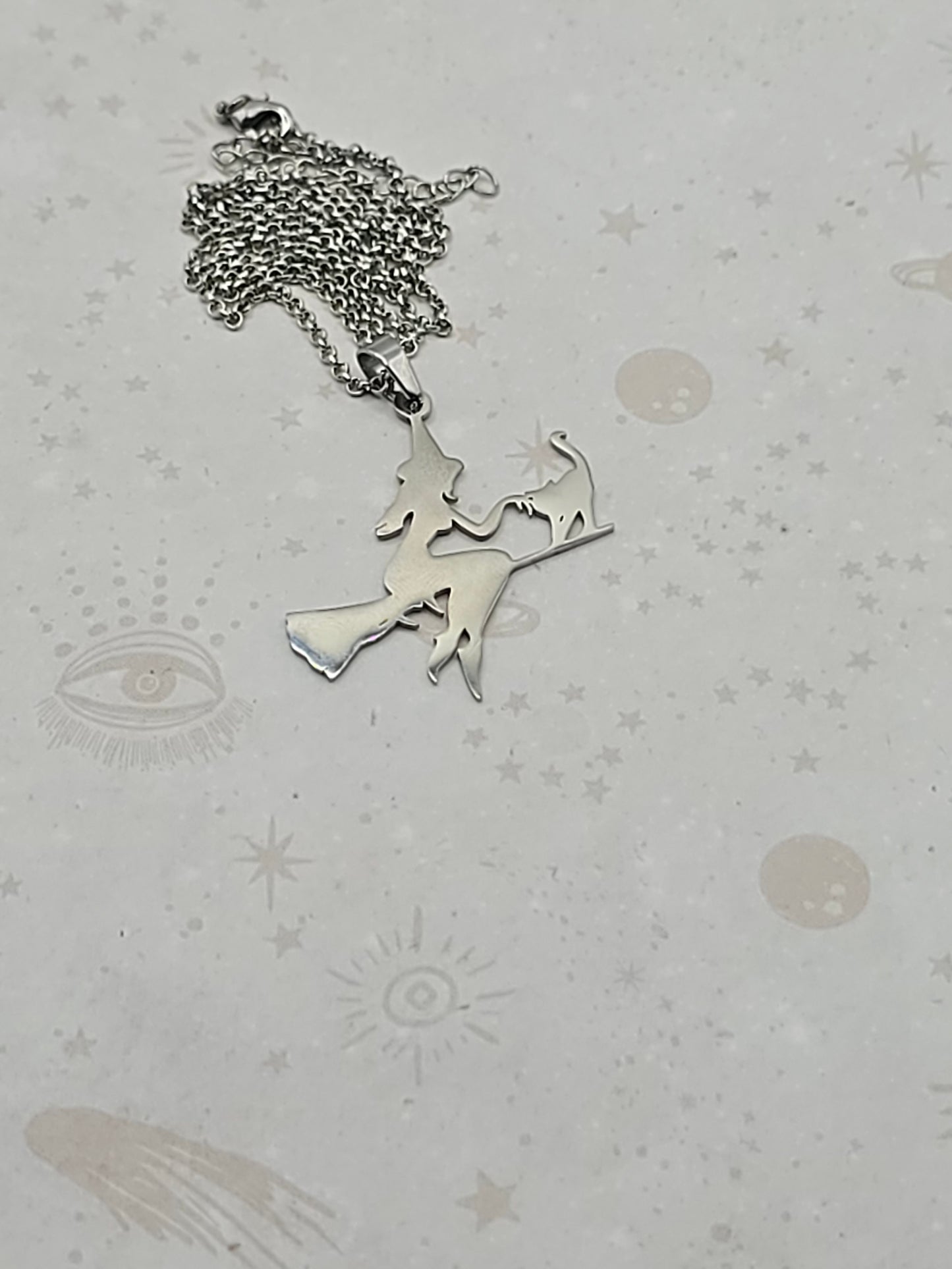 201 Stainless Steel Laser Cut, Witch With Cat Riding Broom Pendant Necklace