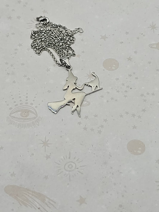 201 Stainless Steel Laser Cut, Witch With Cat Riding Broom Pendant Necklace